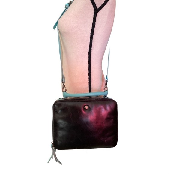 Leather Crossbody Bag Purse Black Blue Top Handle Square‎ Zip - Picture 3 of 14